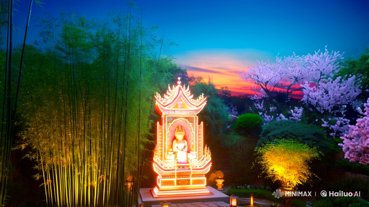 Sacred Altar in Tranquil Chinese Garden Illuminated