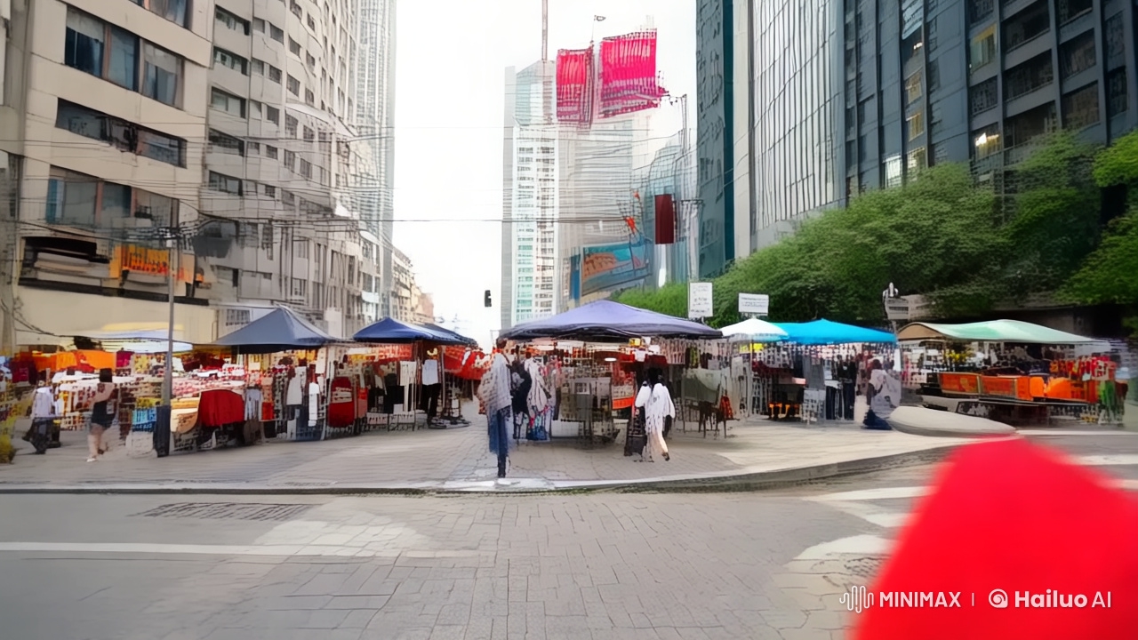 Woman in Red Dress Walks Through Urban Street