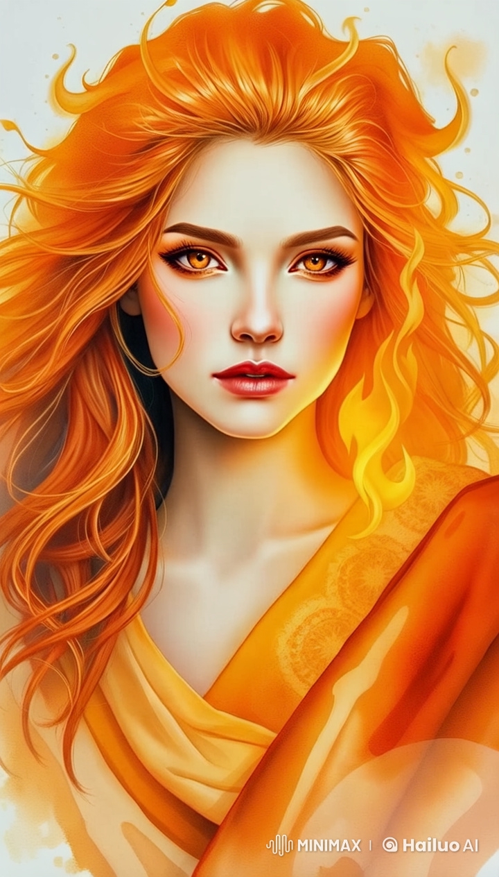 Live2D Animated Video: Fiery Girl in Detailed 4K Orange and Yellow Gown