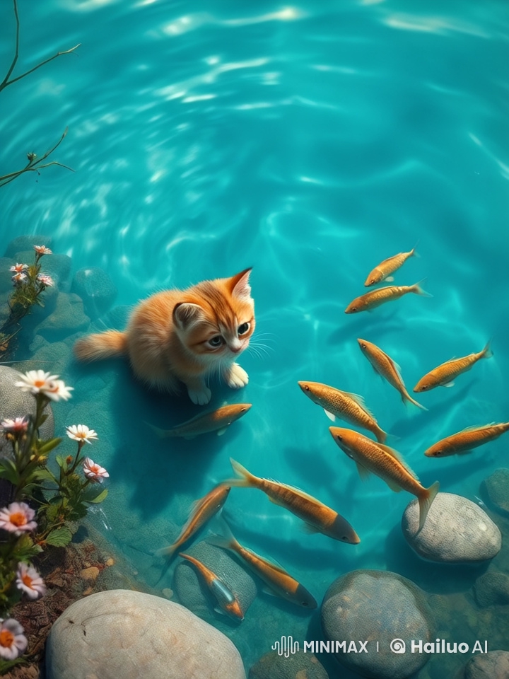 Adorable Kitten Watches Fish by Hyper-Realistic Lakeside