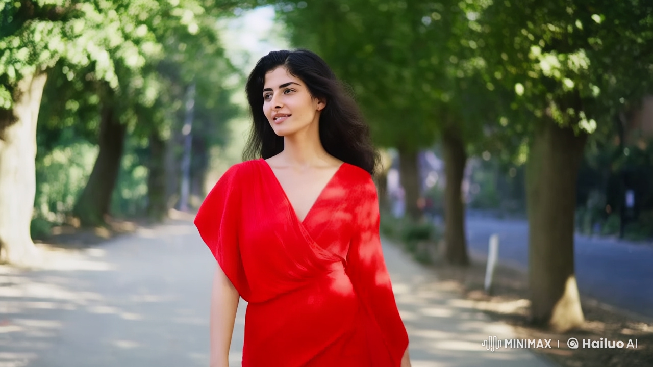 Woman in Red Dress Walks Through Serene Avenue