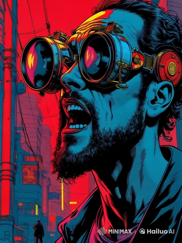 Distopian Vision: Wild-Eyed Man in Cyberpunk Cityscape