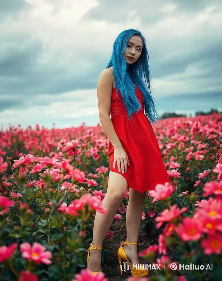 Serene Beauty: Blue-Haired Woman in Pink Flower Field