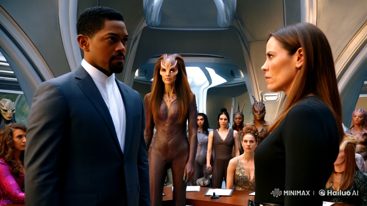 Parallel Dimension Courtroom Drama with Futuristic Aesthetics
