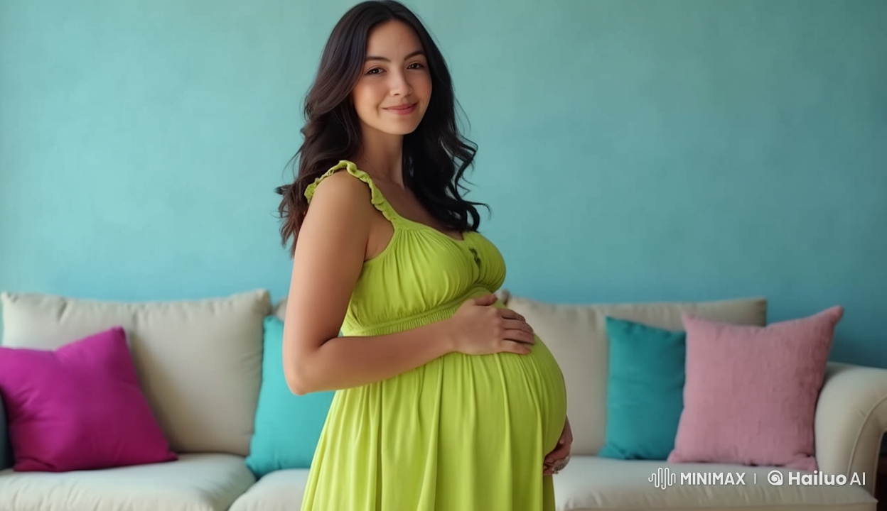 Pregnant Woman in Green Dress Comfortably Engages Audience