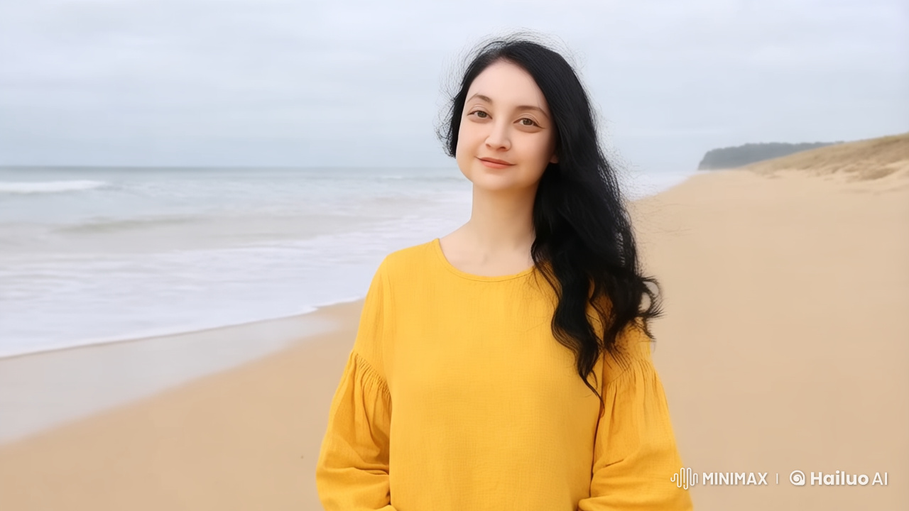 Serene Beach Portrait: Woman in Yellow Amidst Waves