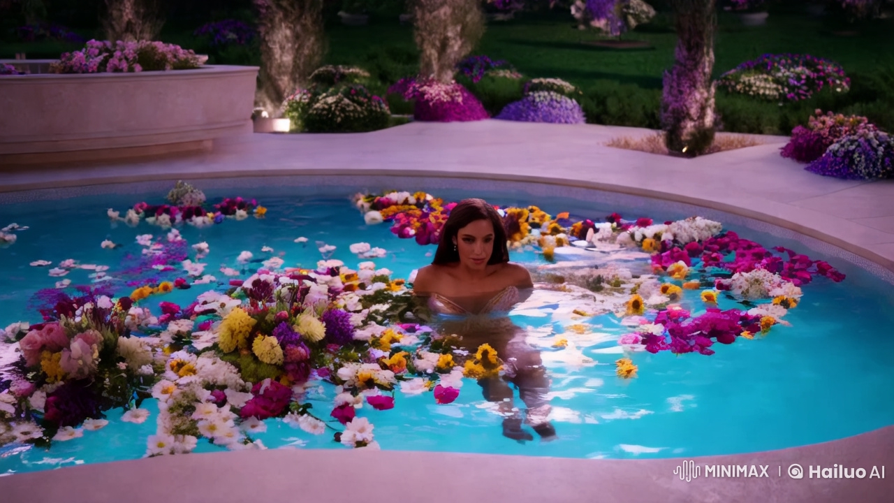 Enchanted Transformation: Woman in Floral Dress by the Pool