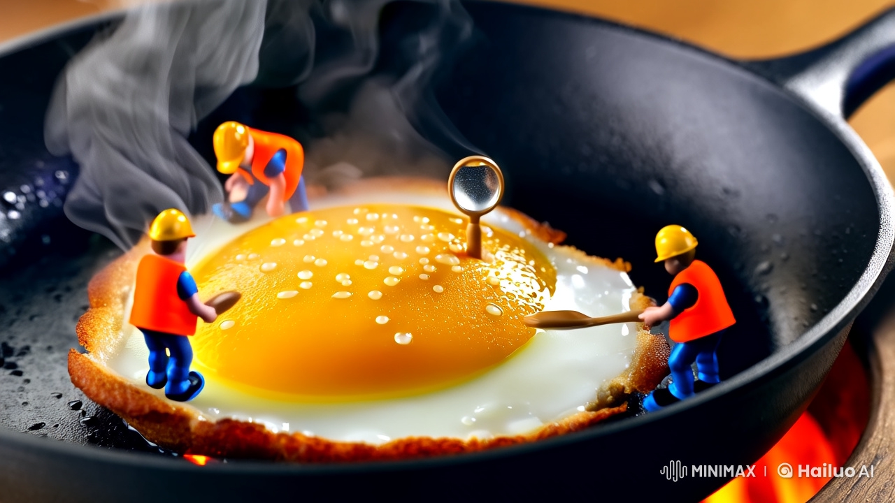 Hyper-Realistic Macro Photo of a Fried Egg with Miniature Workers