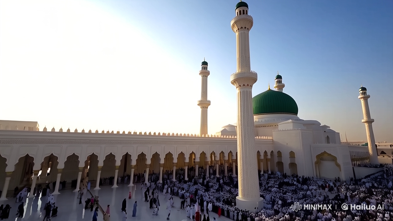 Aerial and Close-up Views of a Mosque with Worshipers
