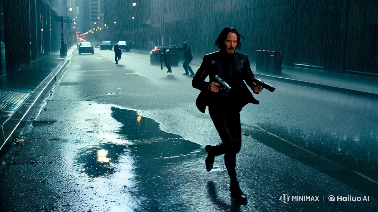 John Wick's Determined Run in a Dark, Rainy City