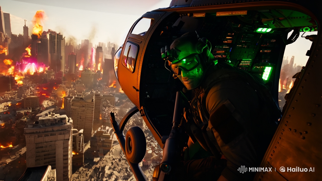 Attack Helicopter Gunner's POV in Dystopian City Chaos