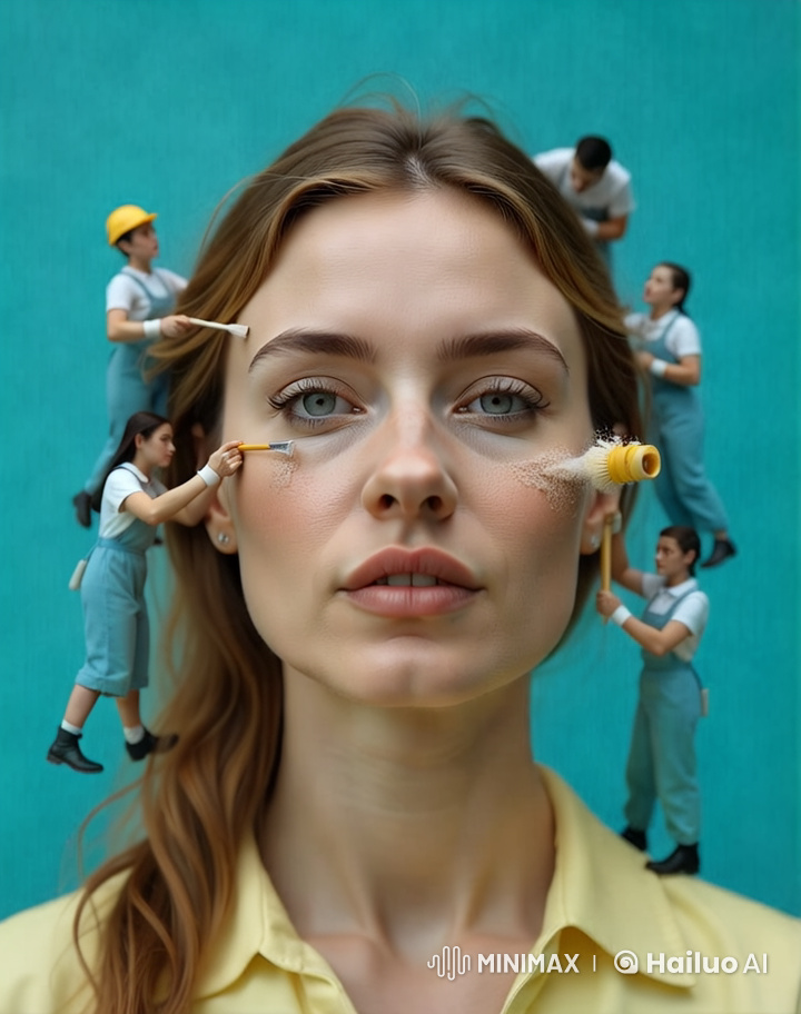 Miniature Makeup: Tiny Workers on a Woman's Face