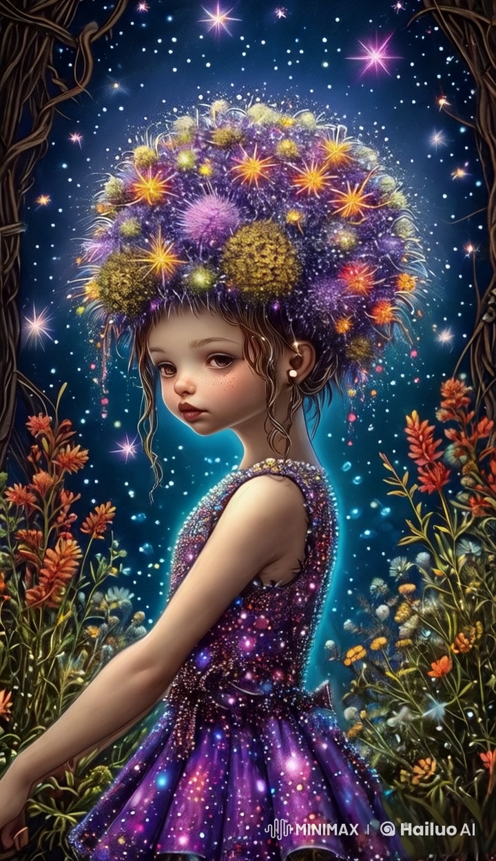 Magical Girl in Starry Night with Glowing Dress