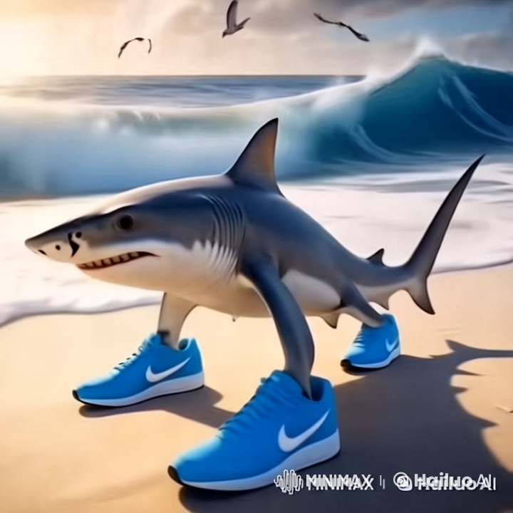 Shark with Legs Struts in Surreal Beach Scene
