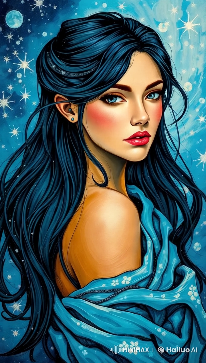Stunning Girl in Blue Dress Under Enchanted Night Sky