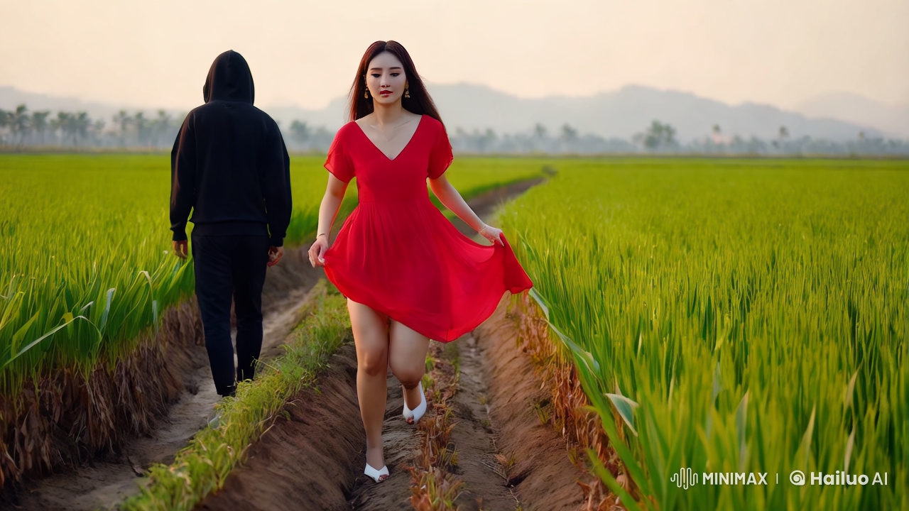 Young Woman in Red Dress Strides Through Rice Field