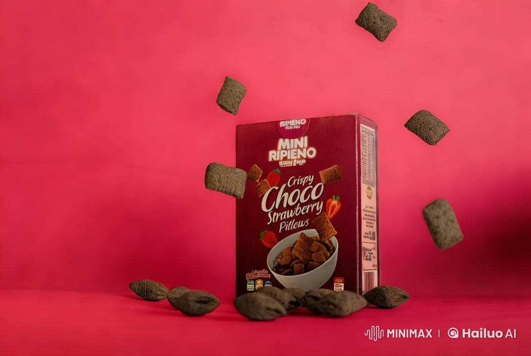 Vibrant Cinematic Ad for 'Mini Ripieno Crispy Choco Strawberry Pillows'
