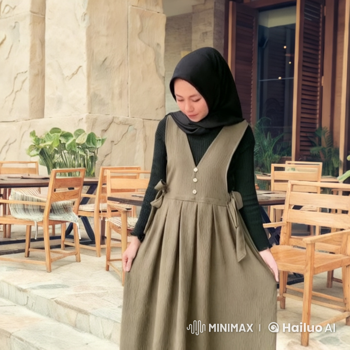 Elegant Woman in Olive-Green Dress at Outdoor Café