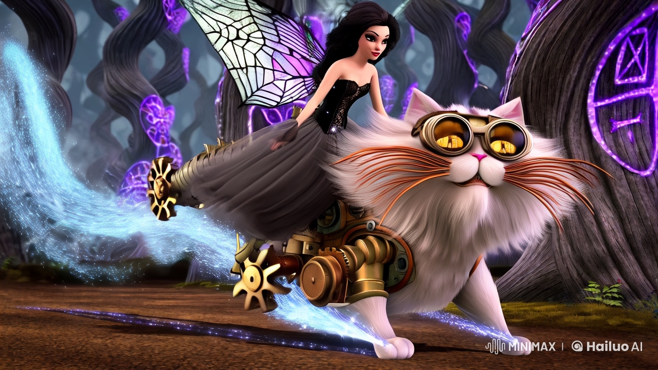 Gothic Fairy Races on Steampunk Cheshire Cat Through Enchanted Forest
