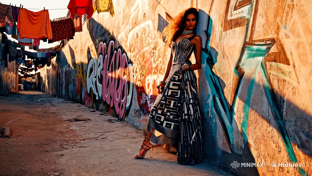 Indian Model Showcases High-Fashion Saree in Urban Art Scene