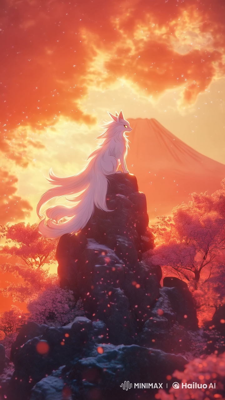 Ethereal Fox Amidst Sakura and Sunset Splendor