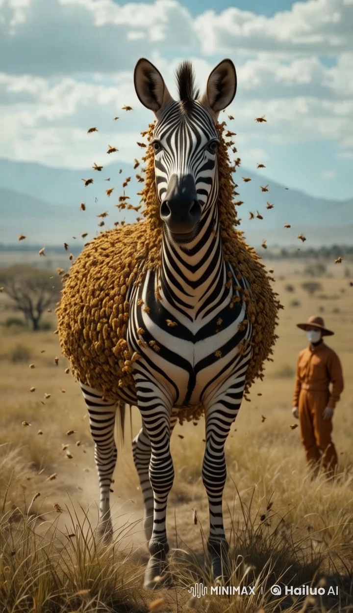 Zebra in Distress Swarmed by Golden Bees in African Savanna