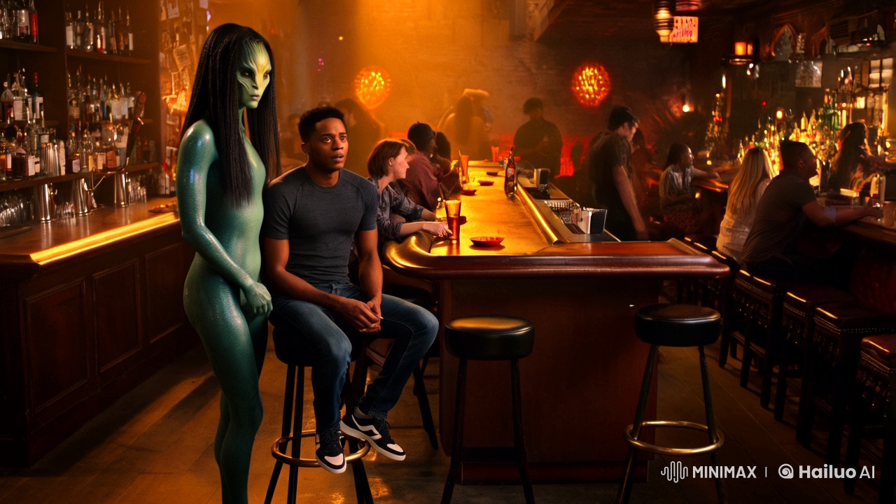 Alien Women Approach Man in Bar: Cinematic Encounter
