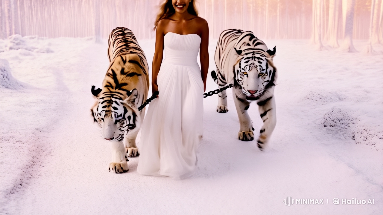 Woman in White Gown Walks with Tigers in Snowy Forest