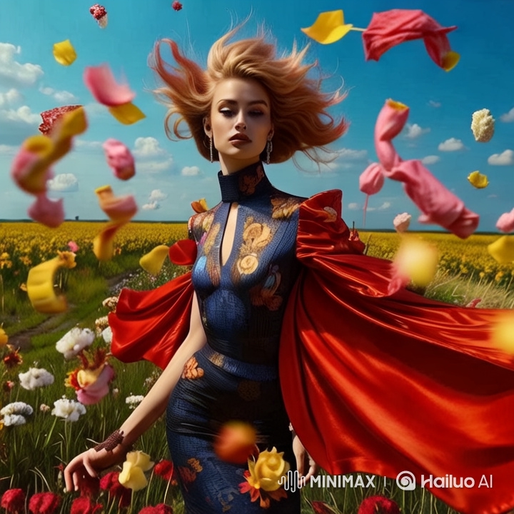 Springtime Beauty: Woman in Flowing Red Cape Amidst Swirling Petals