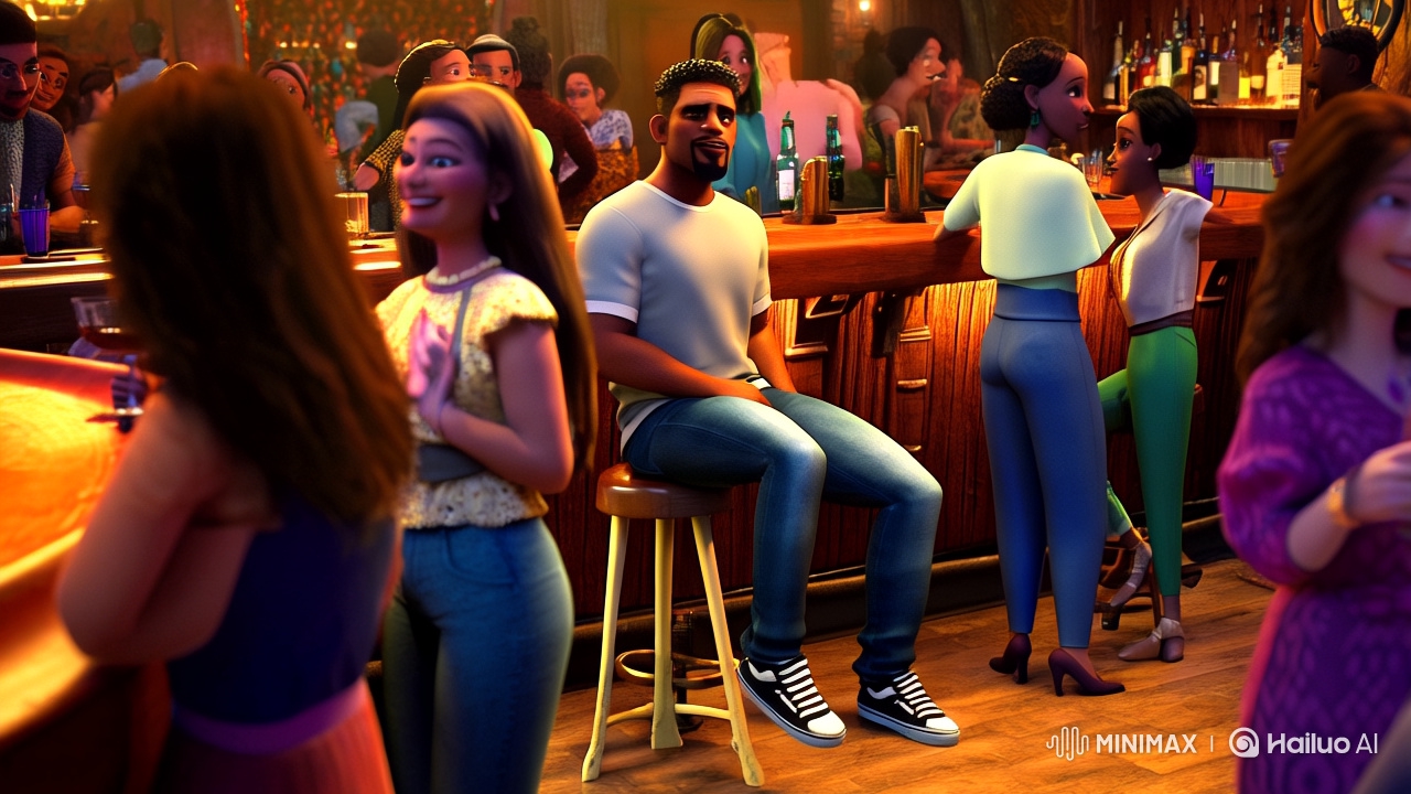 Mysterious Encounter in a Bustling Bar Setting
