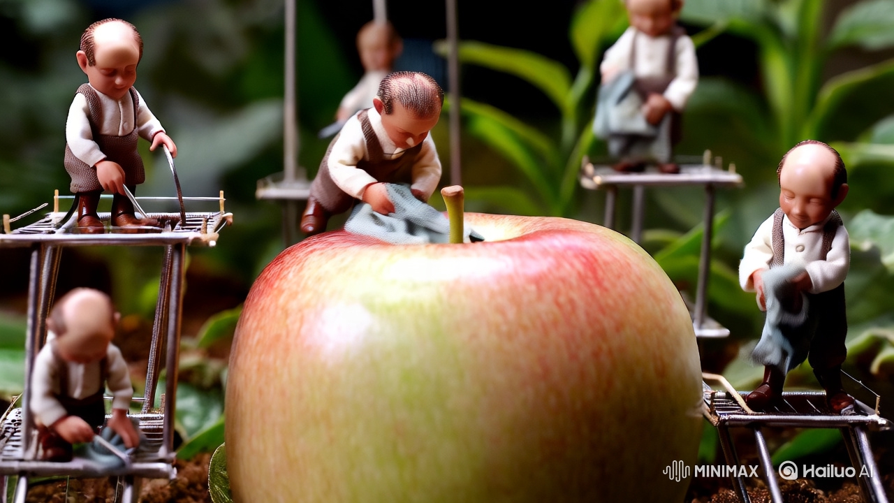 Ultra-Realistic Macro View of Lilliputians Tending to a Colossal Apple