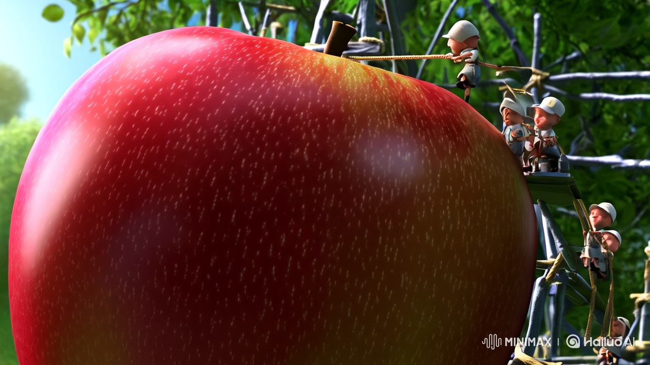 Hyper-Realistic Macro Shot of Giant Apple with Lilliputian Figures