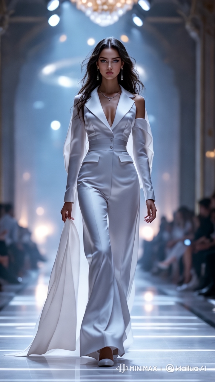 Female Model in White Tuxedo Gown on Grand Runway