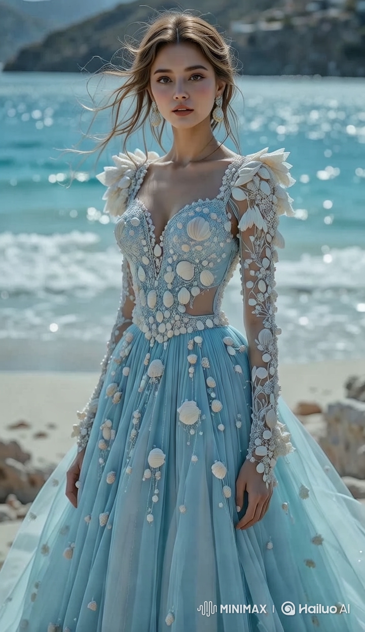 Radiant Woman in Exquisite Blue Gown on Serene Beach