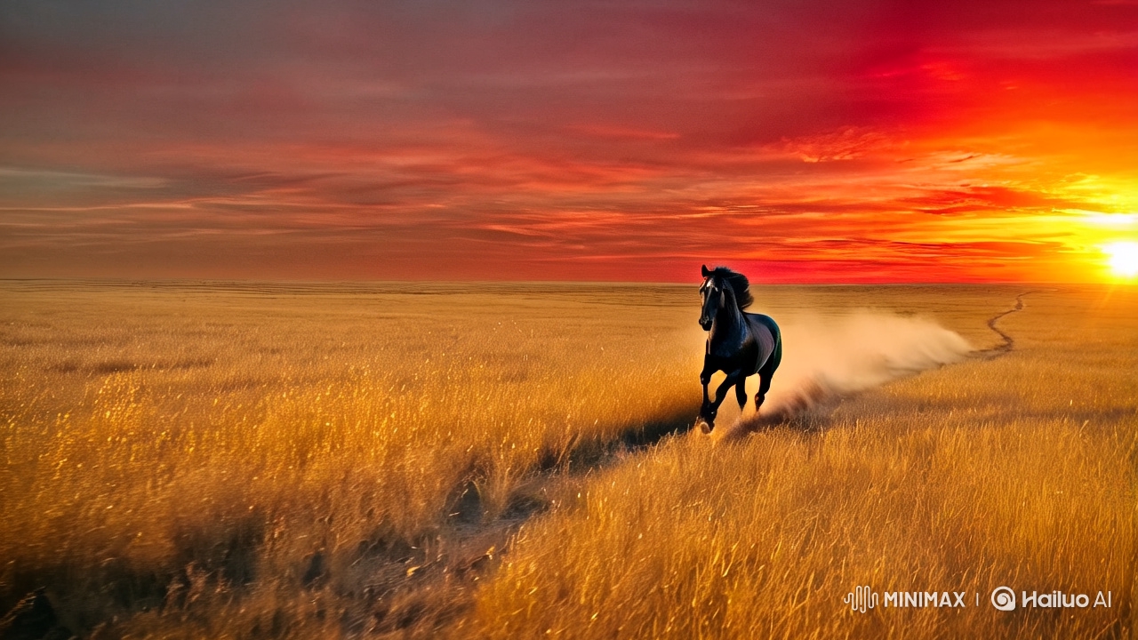 Black Horse Gallops in Golden Sunset Landscape
