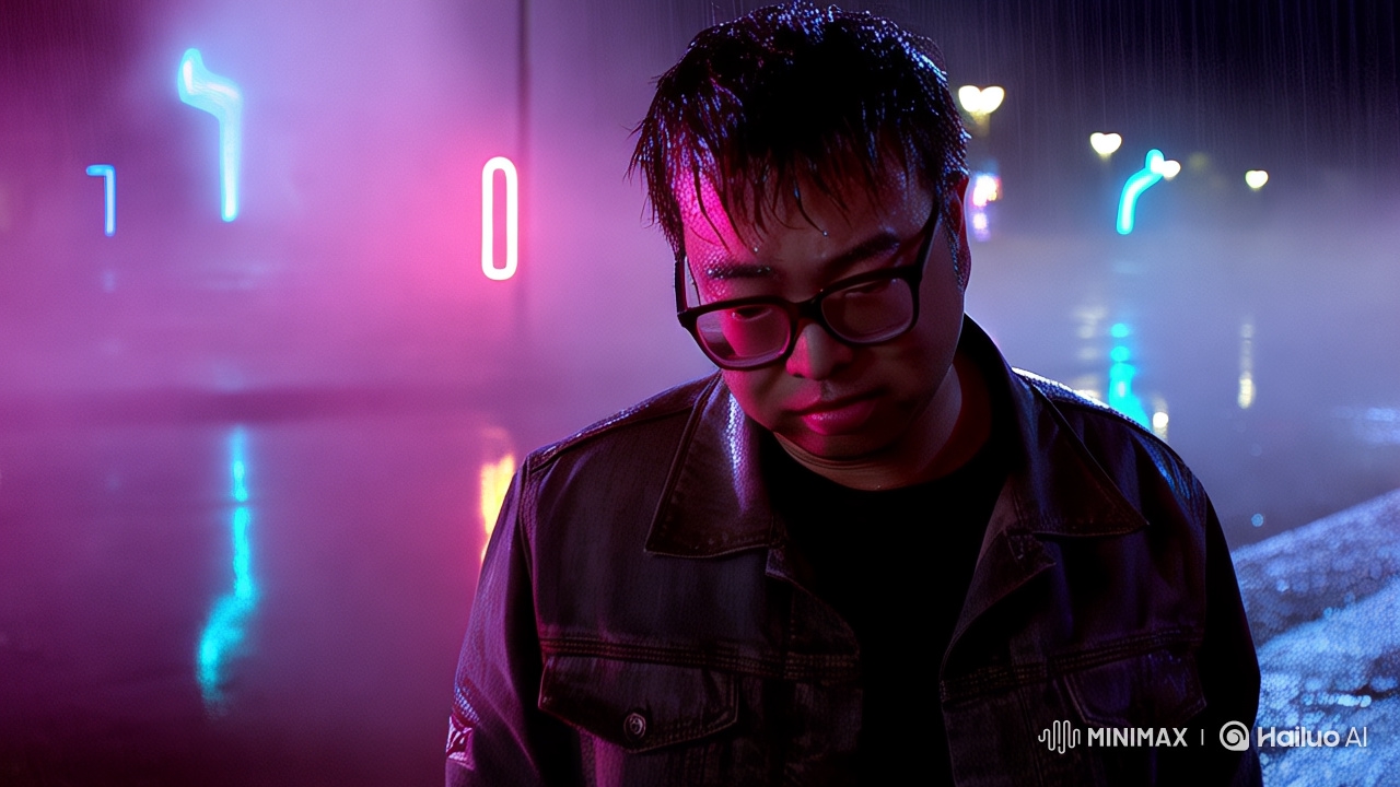 Nocturnal Reflections: Man and Robot in Neon Night