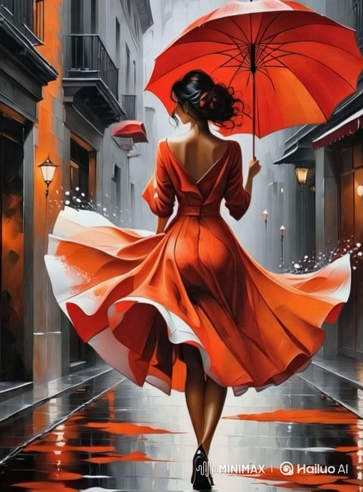Graceful Woman Dances in Red Dress Post-Rain