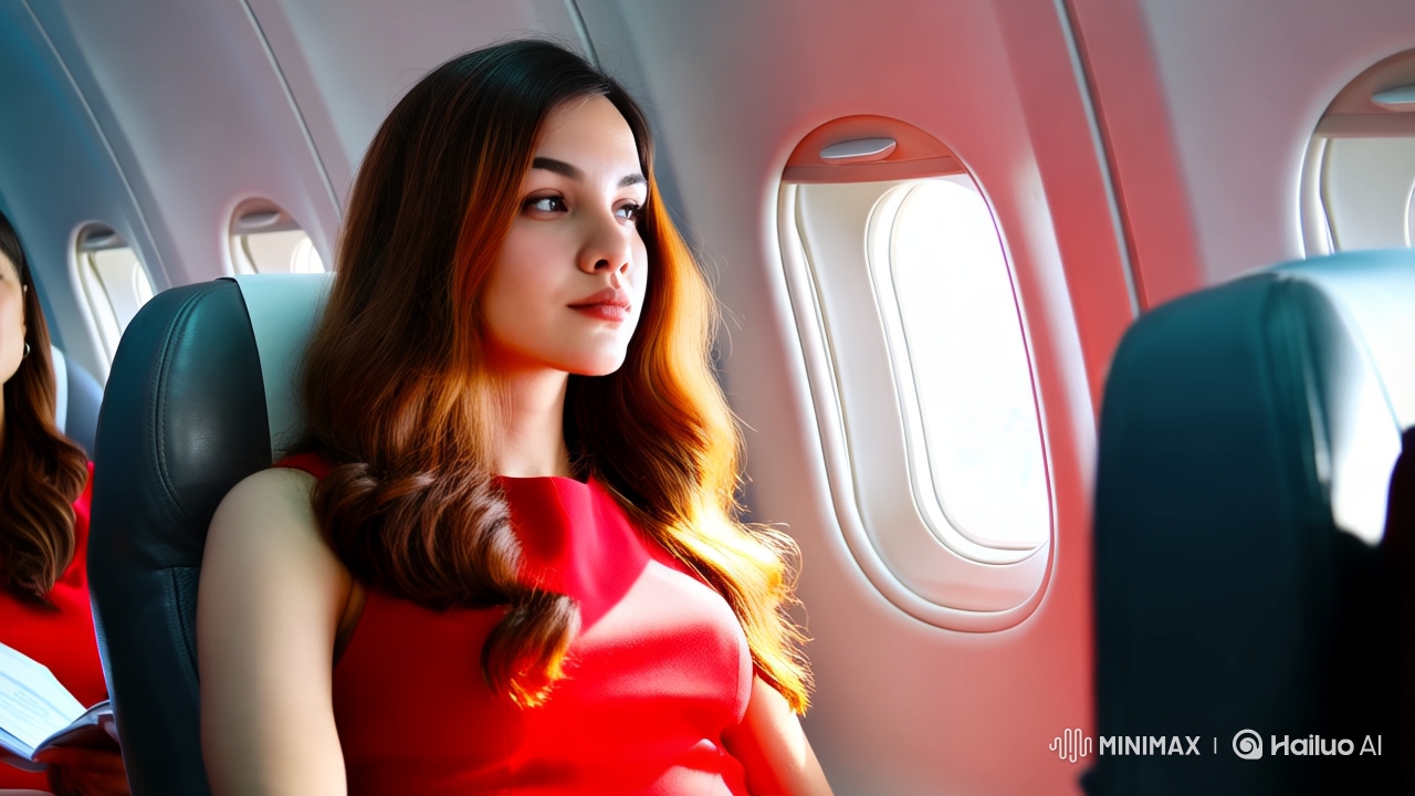 Red Dress Serenity: A Woman's Quiet Moment on a Flight