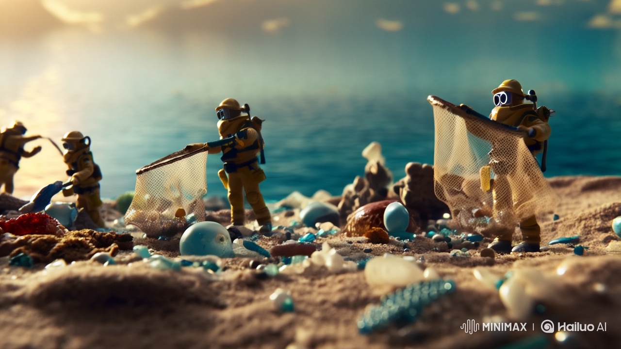 Miniature Workers Tackle Pollution in Hyper-Realistic Ocean Scene
