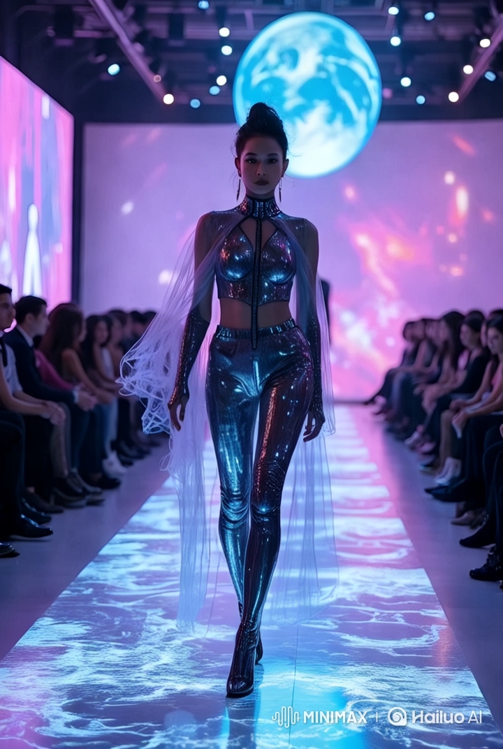 Futuristic Fashion Show with Dazzling Model and Cinematic Effects