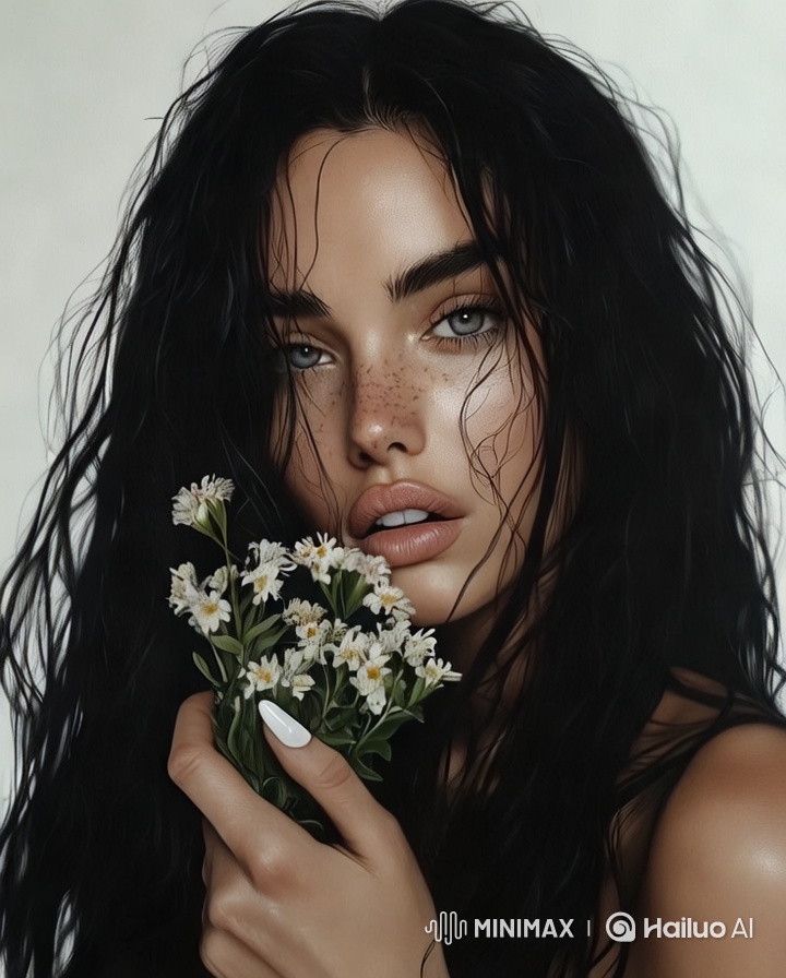 Dreamy Portrait: Woman with Flowers in Slow Motion