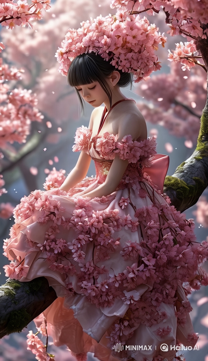 Enchanted Girl in a Flowery Dress with Serene Atmosphere