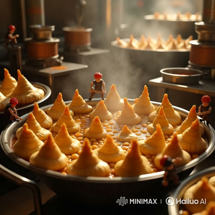 Tiny Workers Craft Colossal Samosas in Magical Shop