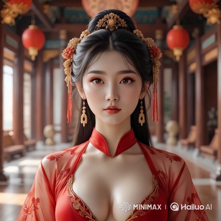 Chinese Beauty in Red Embroidered Dress - Elegant Walk in Ancient Palace