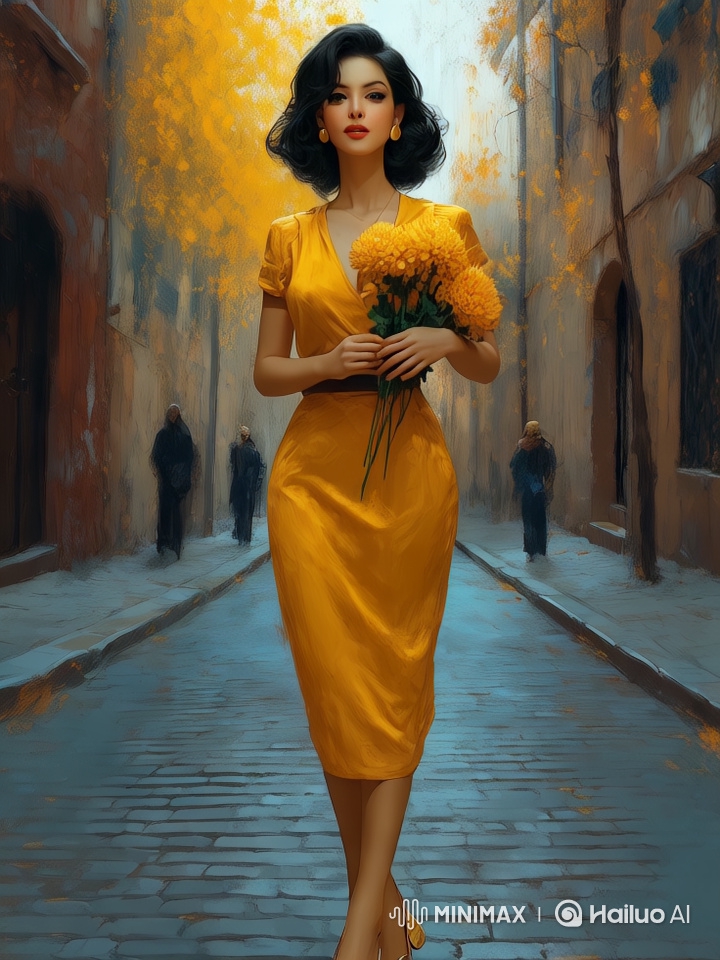 Woman in Yellow Dress Walks Gracefully Down Autumn Street