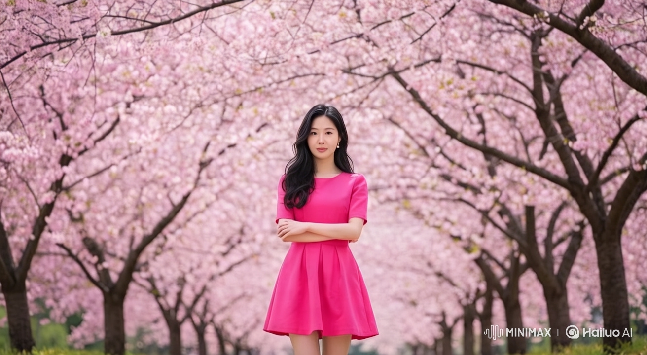 Woman in Pink Dress Amidst Falling Cherry Blossoms
