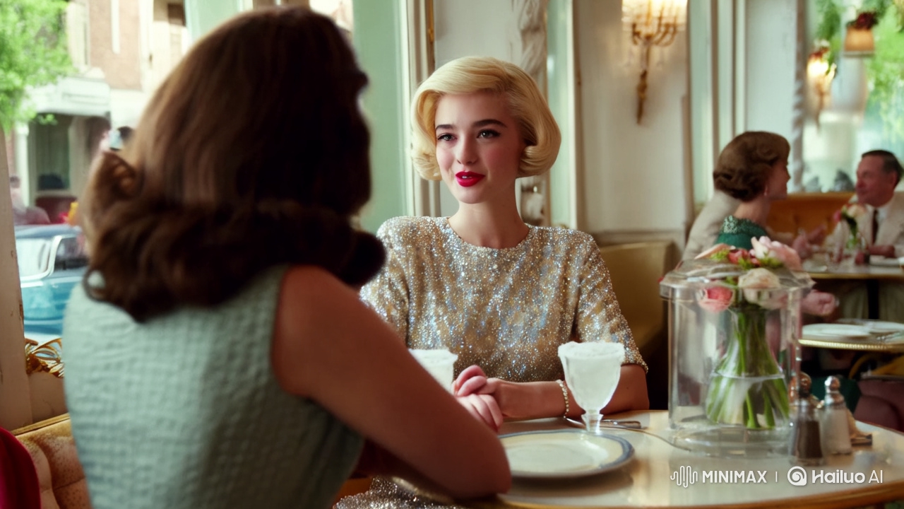 1950s Cafe Scene: Woman in Sparkling Dress