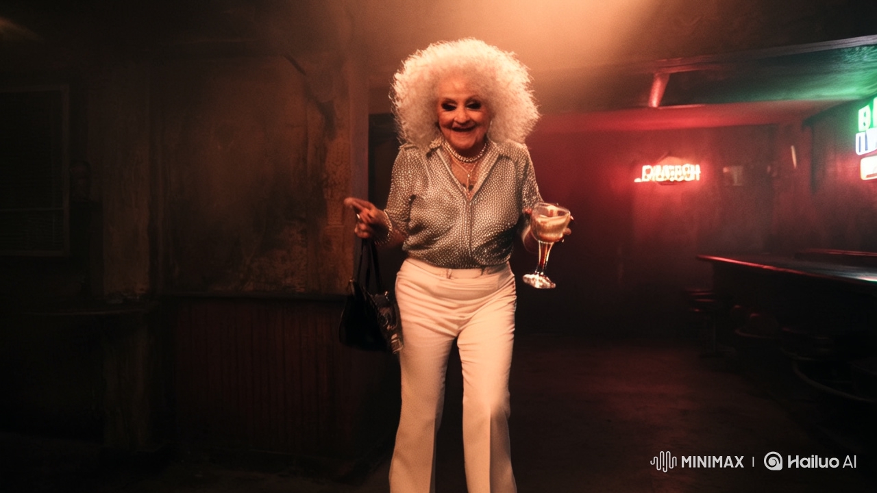 Elderly Lady Dazzles in Dive Bar Dance Scene