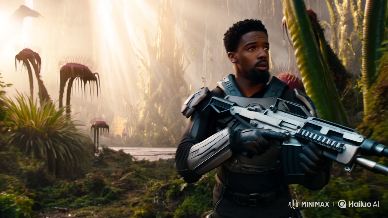 Afro-Caribbean Soldier in Alien Forest vs. Giant Creature