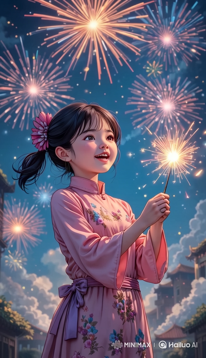 Joyful Girl Enjoys Fireworks in Traditional Dress